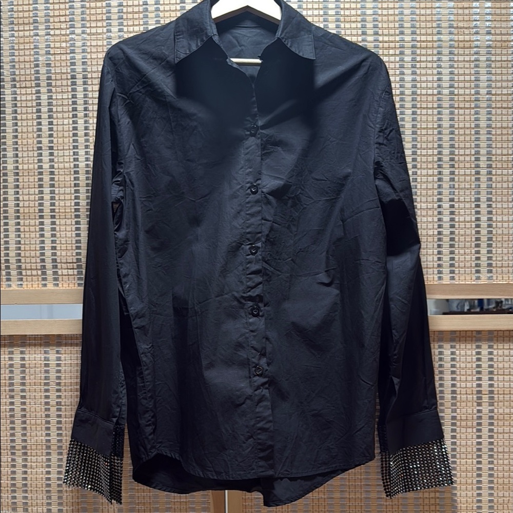 Black Button-Up Shirt with Embellished Cuffs